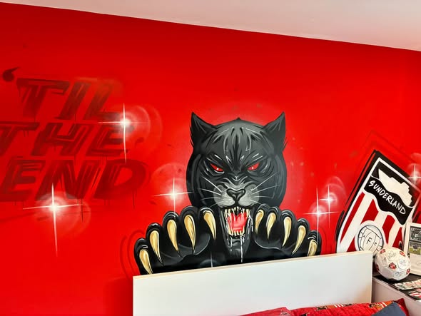 A red bedroom wall with a black cat mural and a Sunderland crest, in a cleaned room.